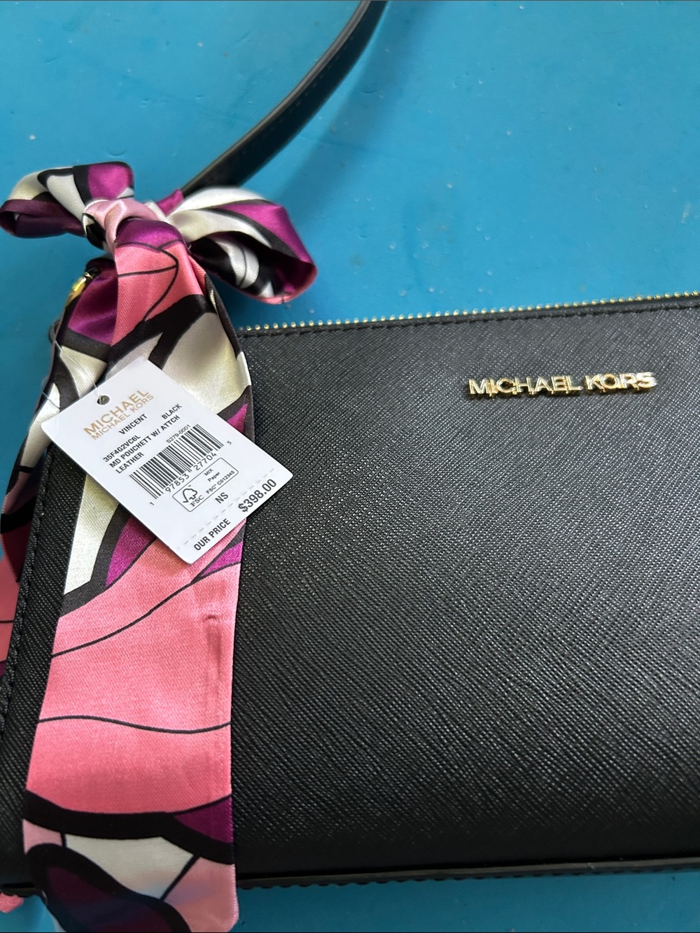 Michael Kors Black Leather Shoulder Bag with Pink Accent Scarf NWT. - Picture 4 of 7